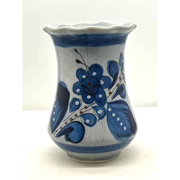 Vase 6" Tonala Mexican Pottery Blue Bird Flower Hand Painted - Mexico SKU GG350 - Picture 1 of 4
